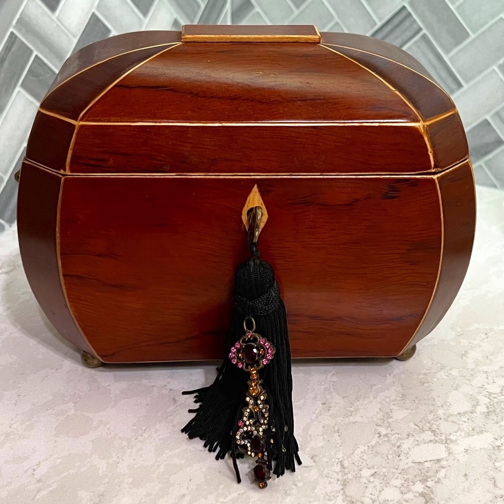 Vintage Bombay Walnut Inlaid Jewelry Casket & Fleur de Lis Handles